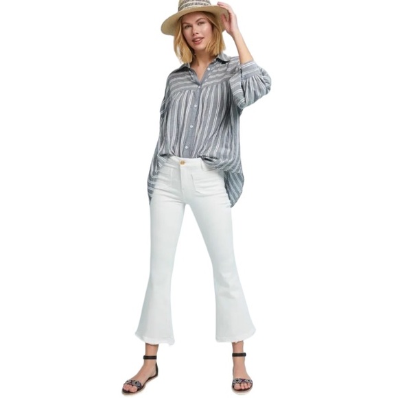 Harshman Randall Grey White Twin Striped Oversized Button Down Blouse Size Small - Picture 3 of 15